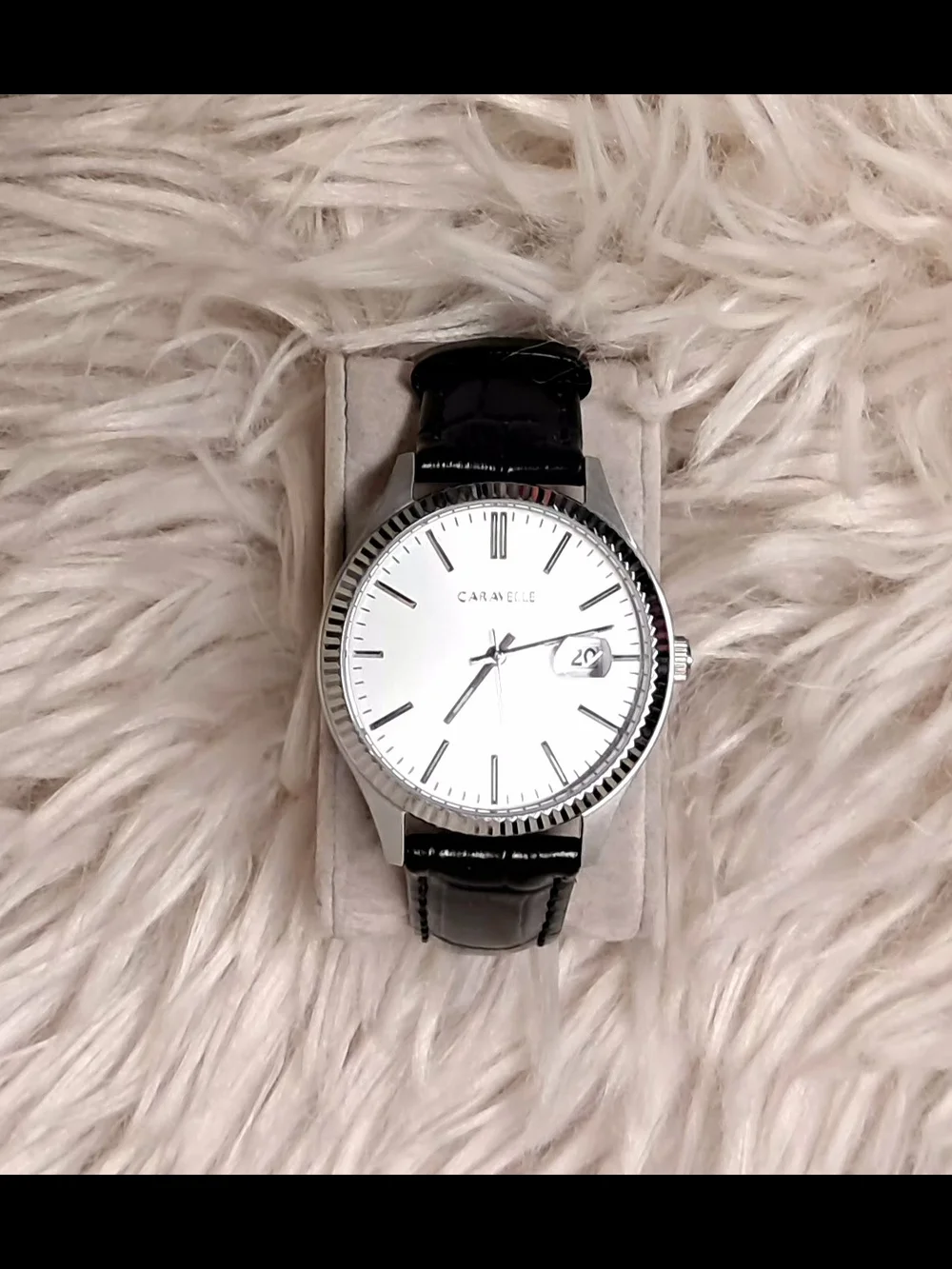 Caravelle By Bulova Silver Dial Watch with Black Leather Strap